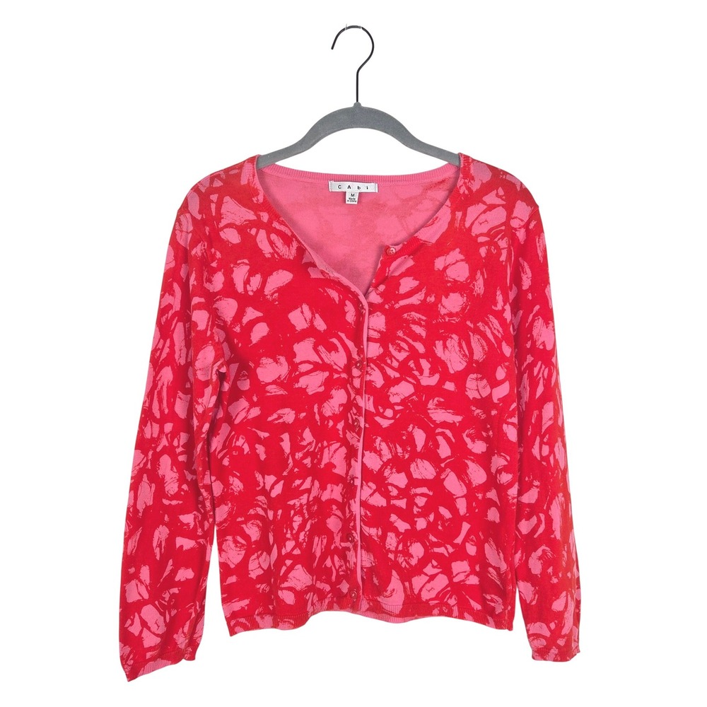 Cabi Red Pink Floral Abstract Cardigan Size M Maximalist Office Bright Artsy